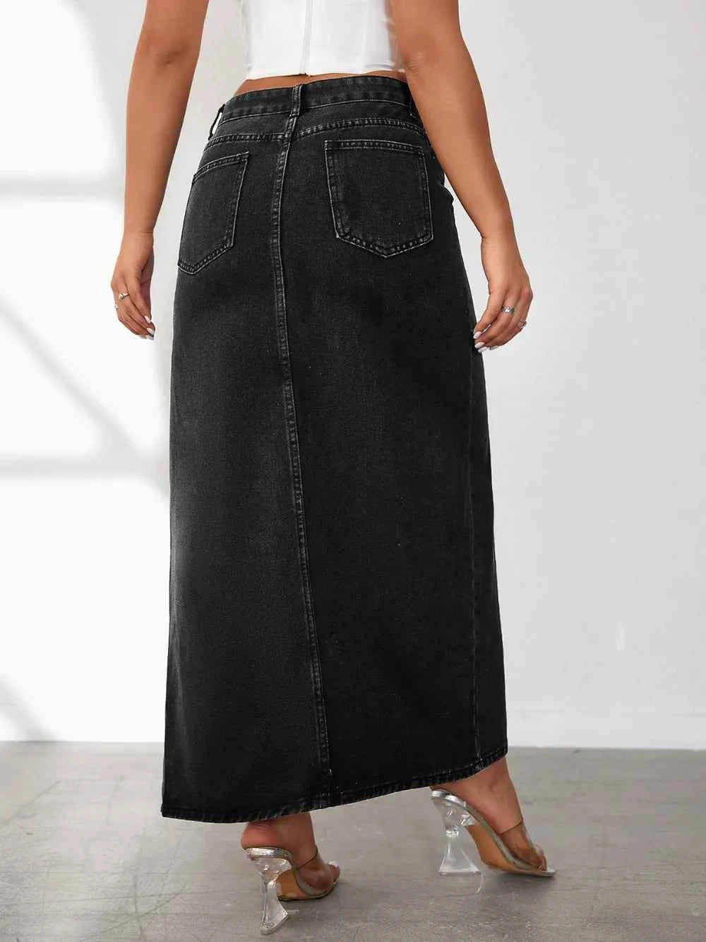 High-rise denim skirt with side slit — additional view 3