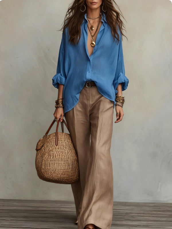 Product detail photo of Linen Shirt and Wide Leg Pants Set, Women’s Clothing Set, linen shirt and wide leg pants set, everyday style