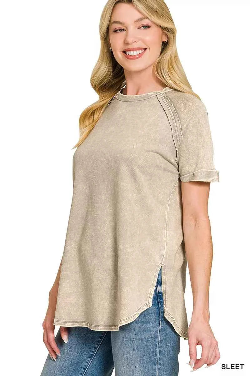 Washed french terry curved hem top — additional view 2