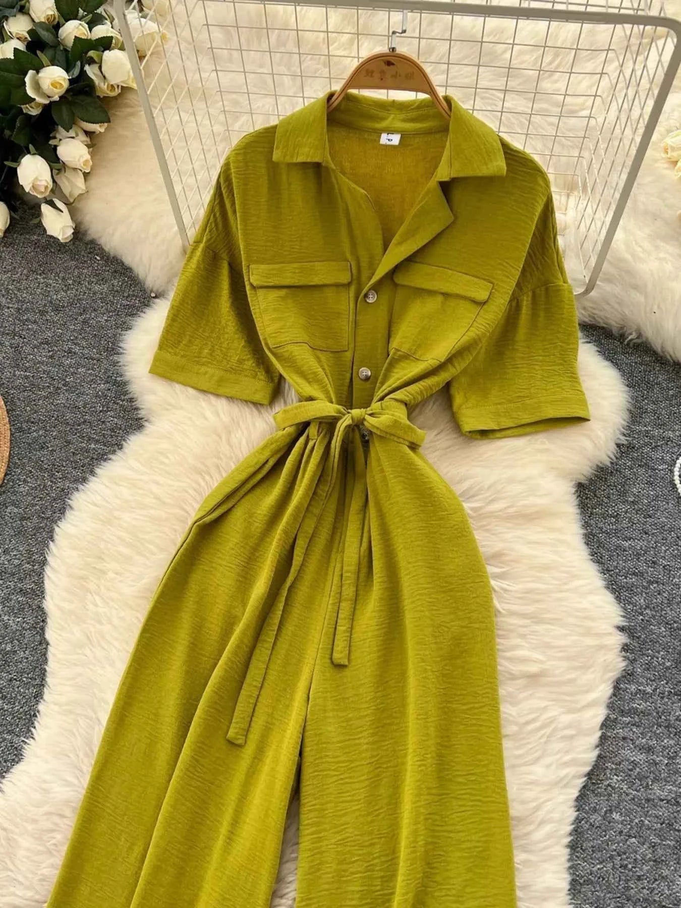 Belted Tie Waist Wide Leg Jumpsuit-Jumpsuit-Splashis-Color:Green-Size:One Size-Splashis
