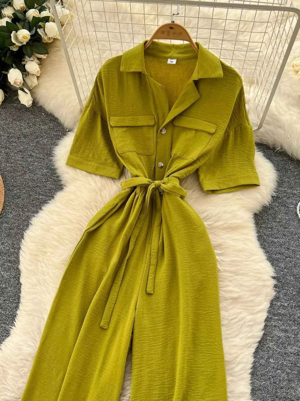 Belted Tie Waist Wide Leg Jumpsuit-Jumpsuit-Splashis-Color:Green-Size:One Size-Splashis
