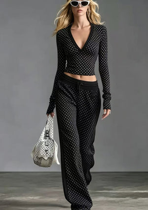 Black V-neck polka dot top and pants set for women