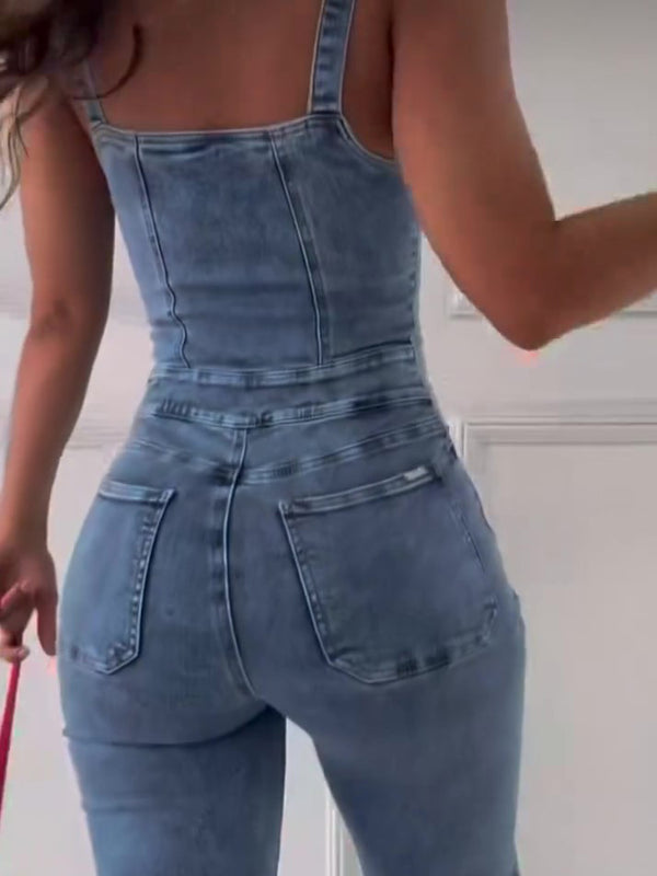 Blue Sleeveless Denim Jumpsuit, side product view