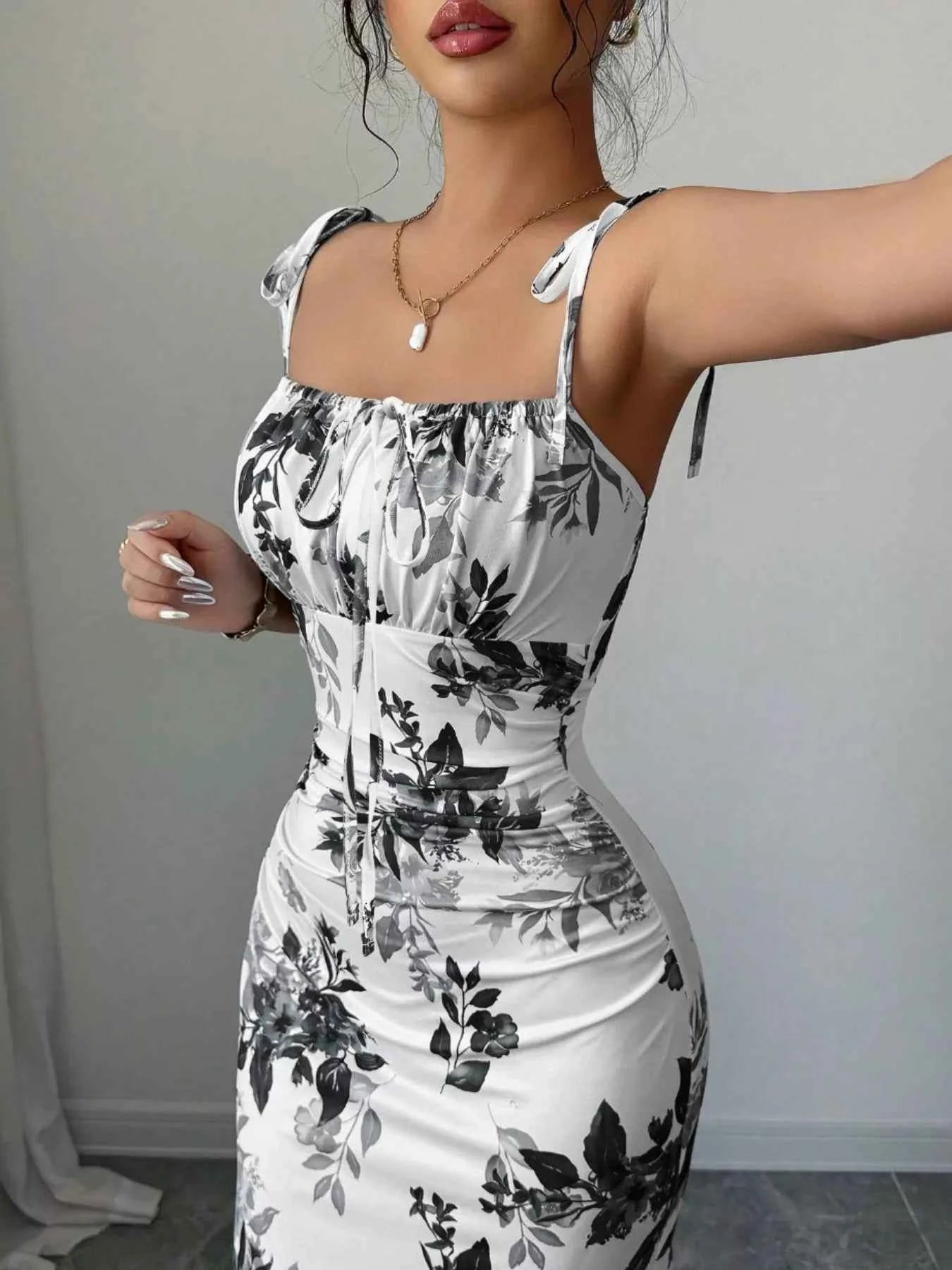 Printed tie strap slit maxi dress — additional view 7