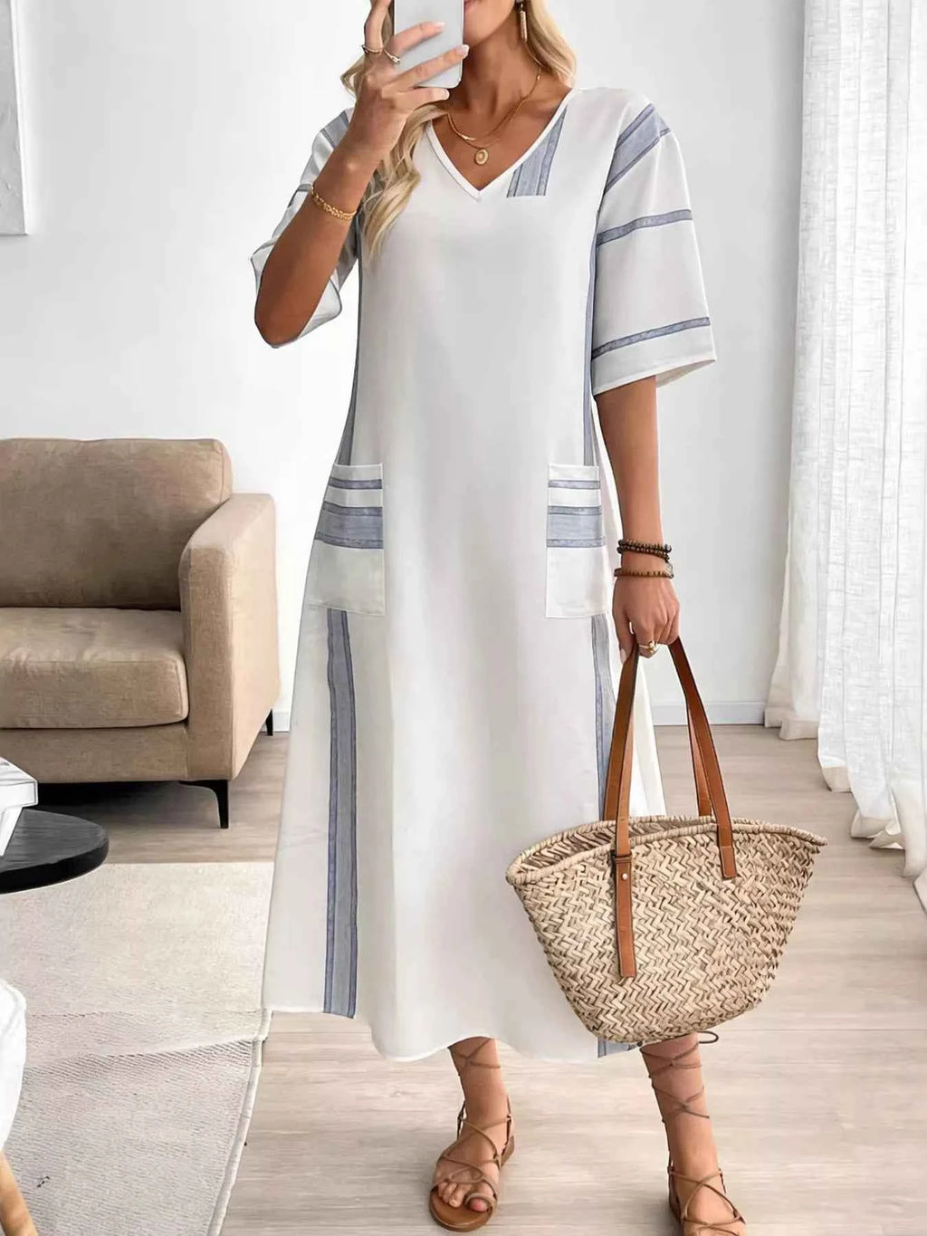 Striped V-neck maxi dress with pockets — additional view 5