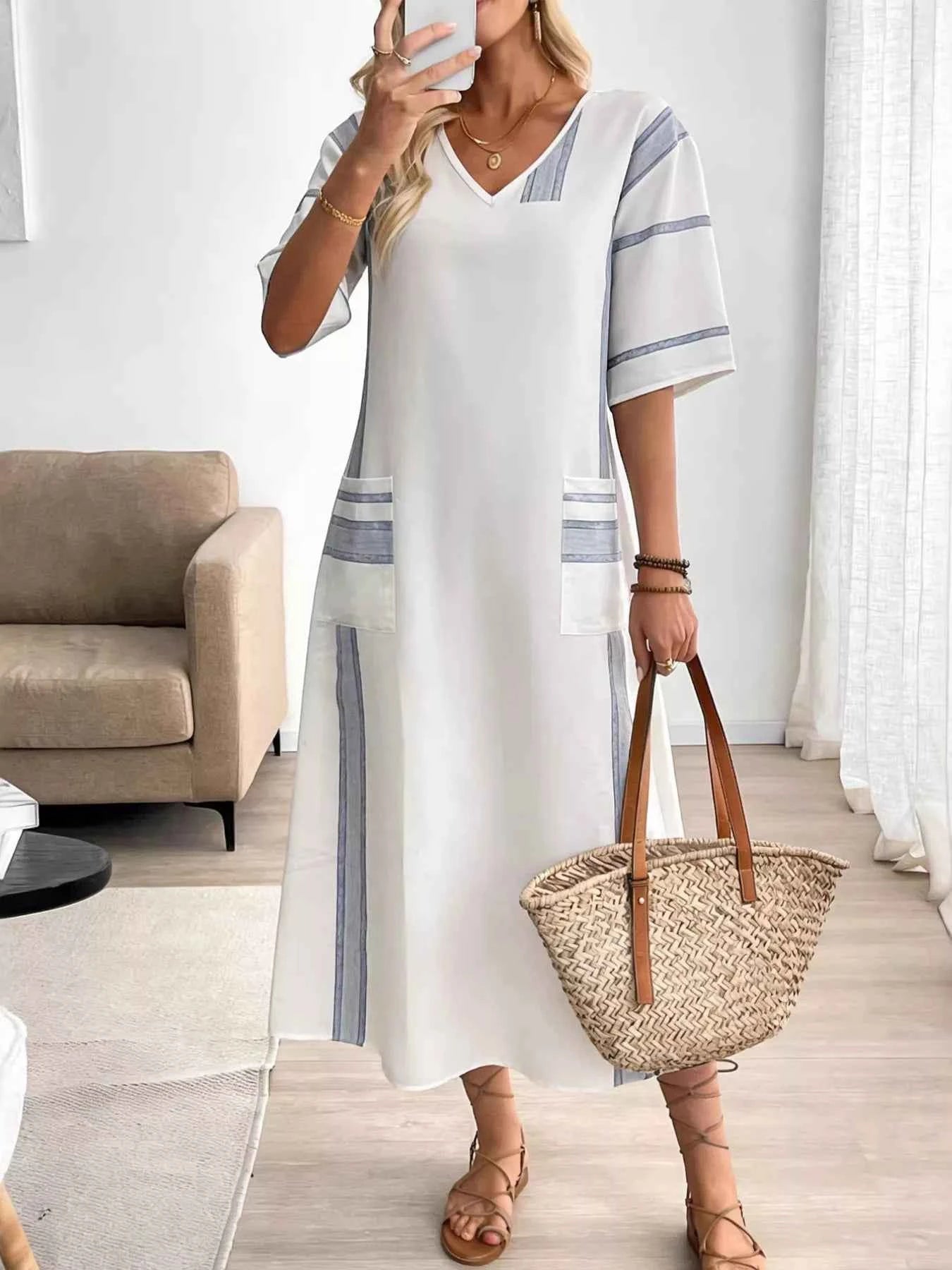 Striped V-neck maxi dress with pockets — additional view 5