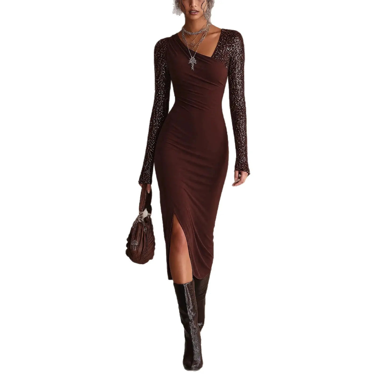 Women's asymmetrical printed midi dress with long sleeves