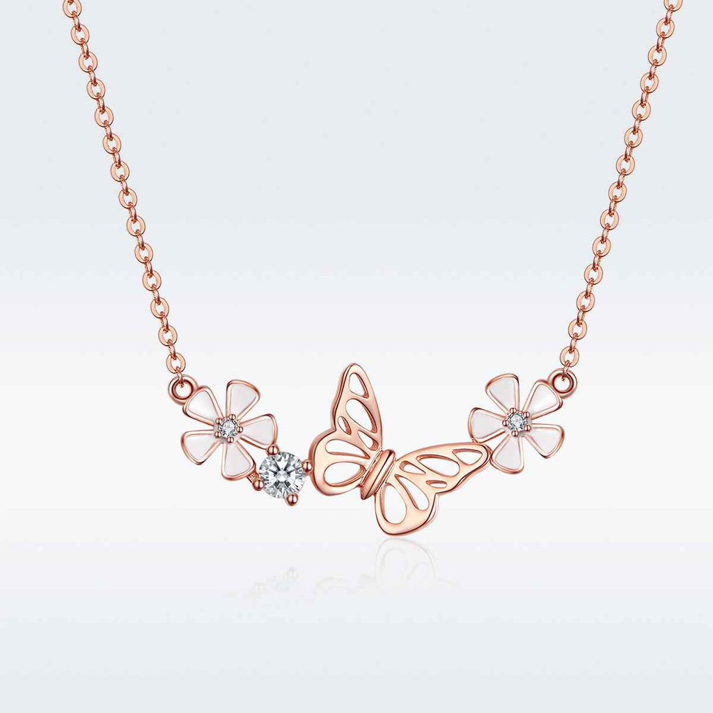 Butterfly and flower pendant necklace in silver-plated alloy — primary view