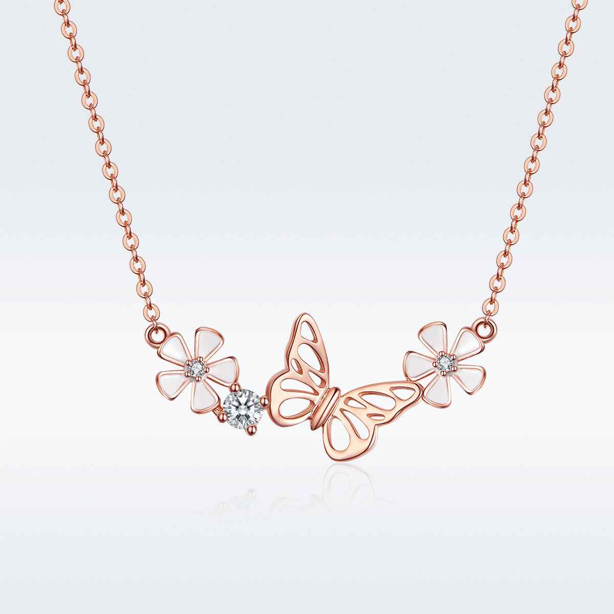 Butterfly and flower pendant necklace in silver-plated alloy — primary view