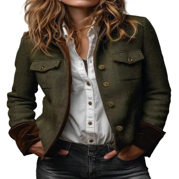 Women's Herringbone Tweed Blazer - Velvet Trim Button Jacket