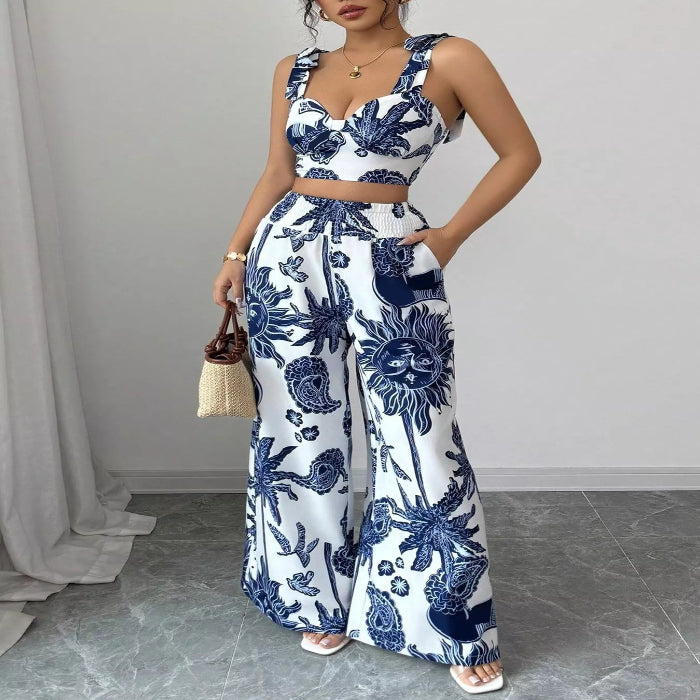 Model wearing the Floral Print Crop Top and Wide Leg Pants Set