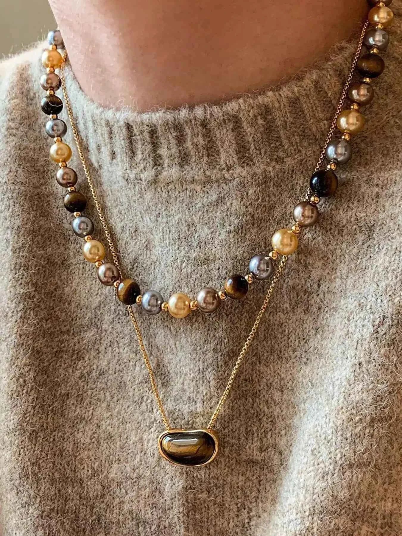 Tiger Eye & Pearl Beaded Necklace Secondary image