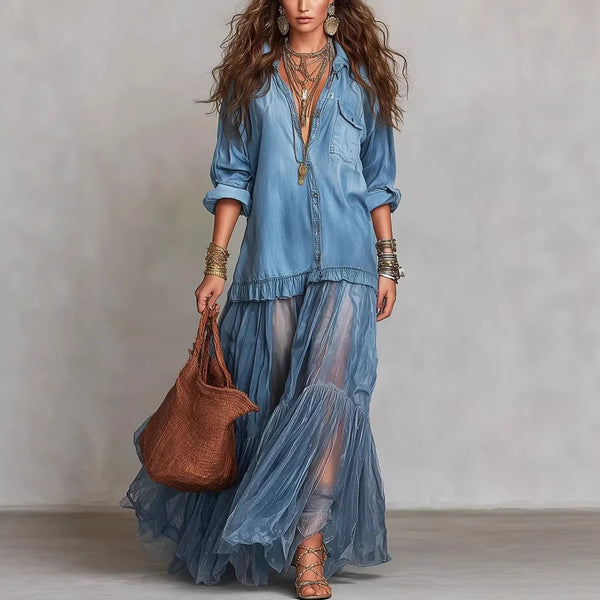 Main product photo of Faux Denim Lapel Maxi Dress, faux denim lapel maxi dress, everyday style