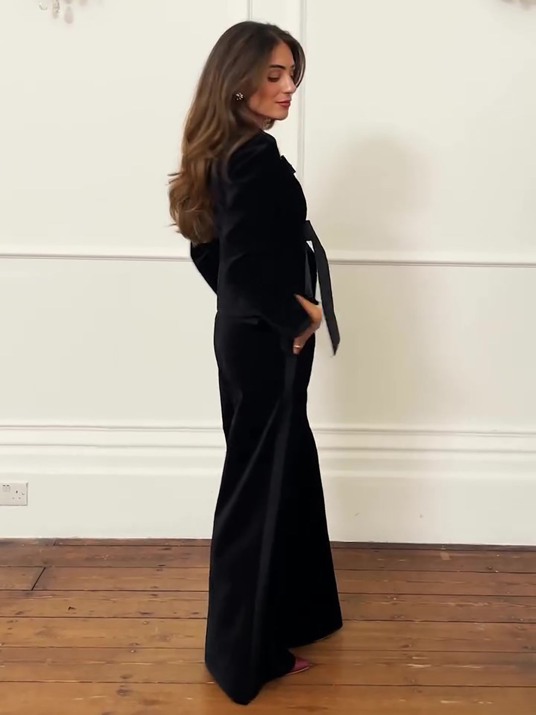 Black Bow Jacket & Wide-Leg Pants Suit, close-up product view