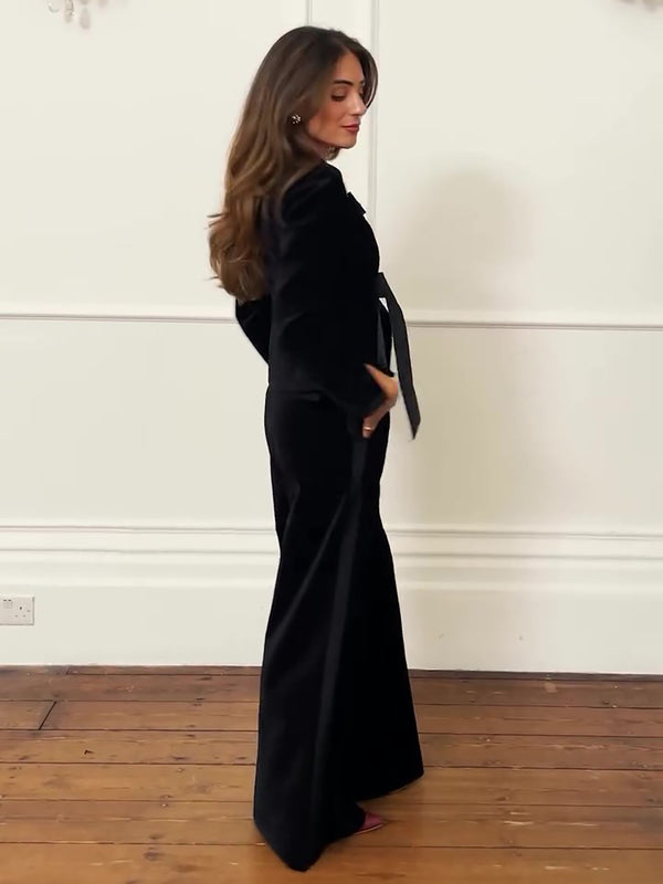 Black Bow Jacket & Wide-Leg Pants Suit, close-up product view