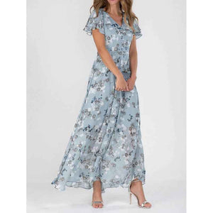Light Blue floral print off-shoulder chiffon maxi dress for women