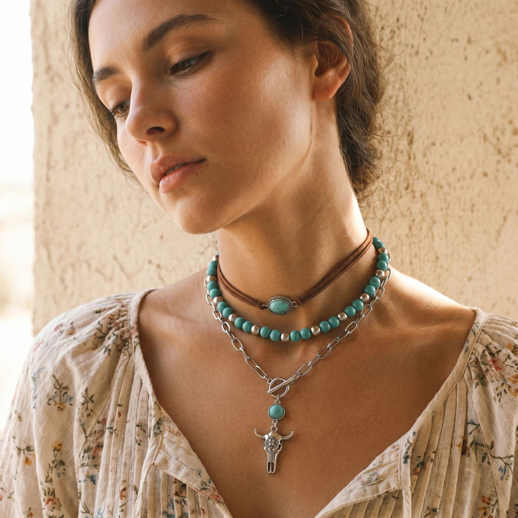Layered turquoise-colored necklaces with brown choker and silver-tone charm