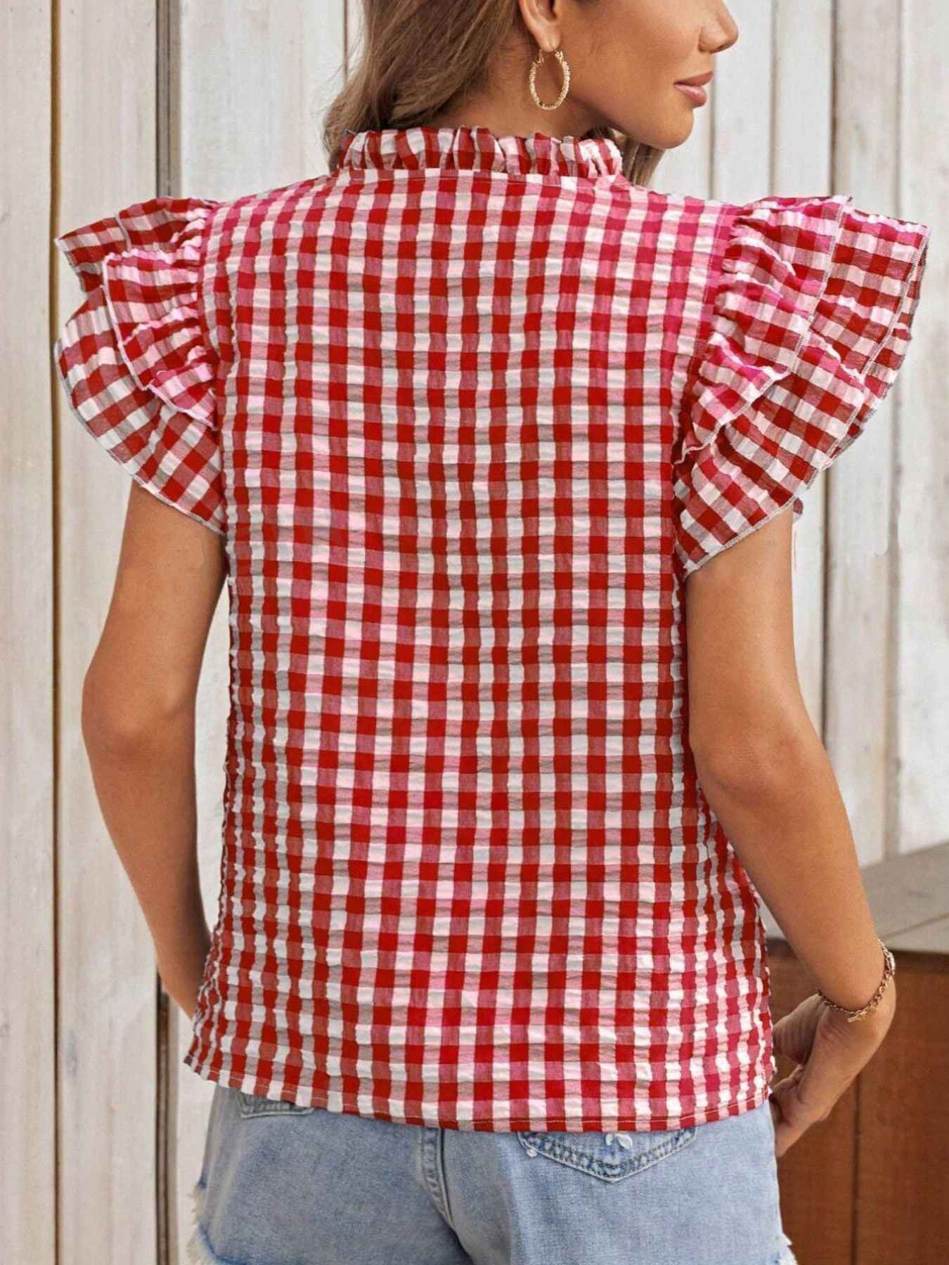 Chic Feminine Gingham Ruffle Blouse Zweitbild