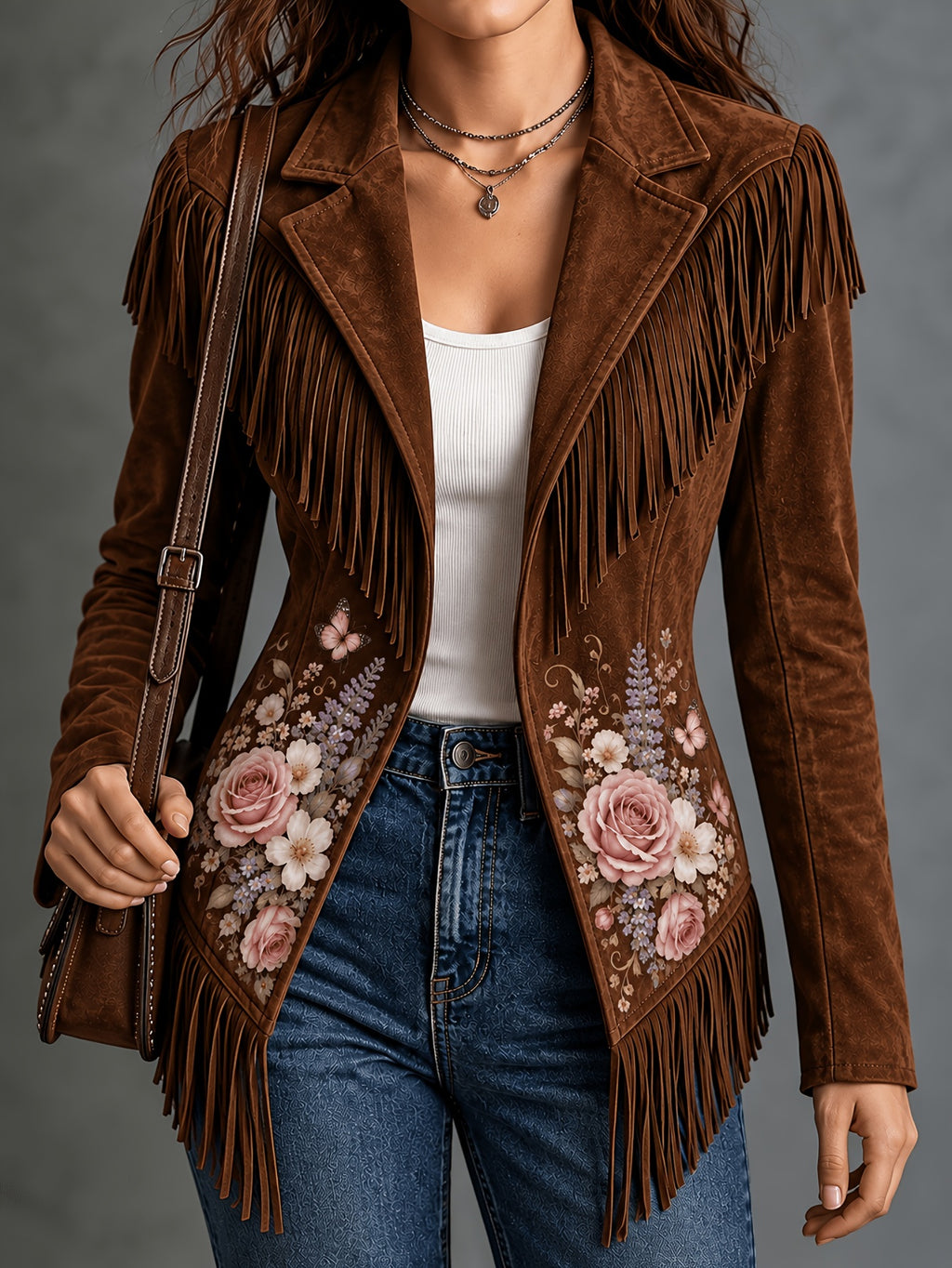 Brown women's jacket with floral details and fringe along the shoulders and hem
