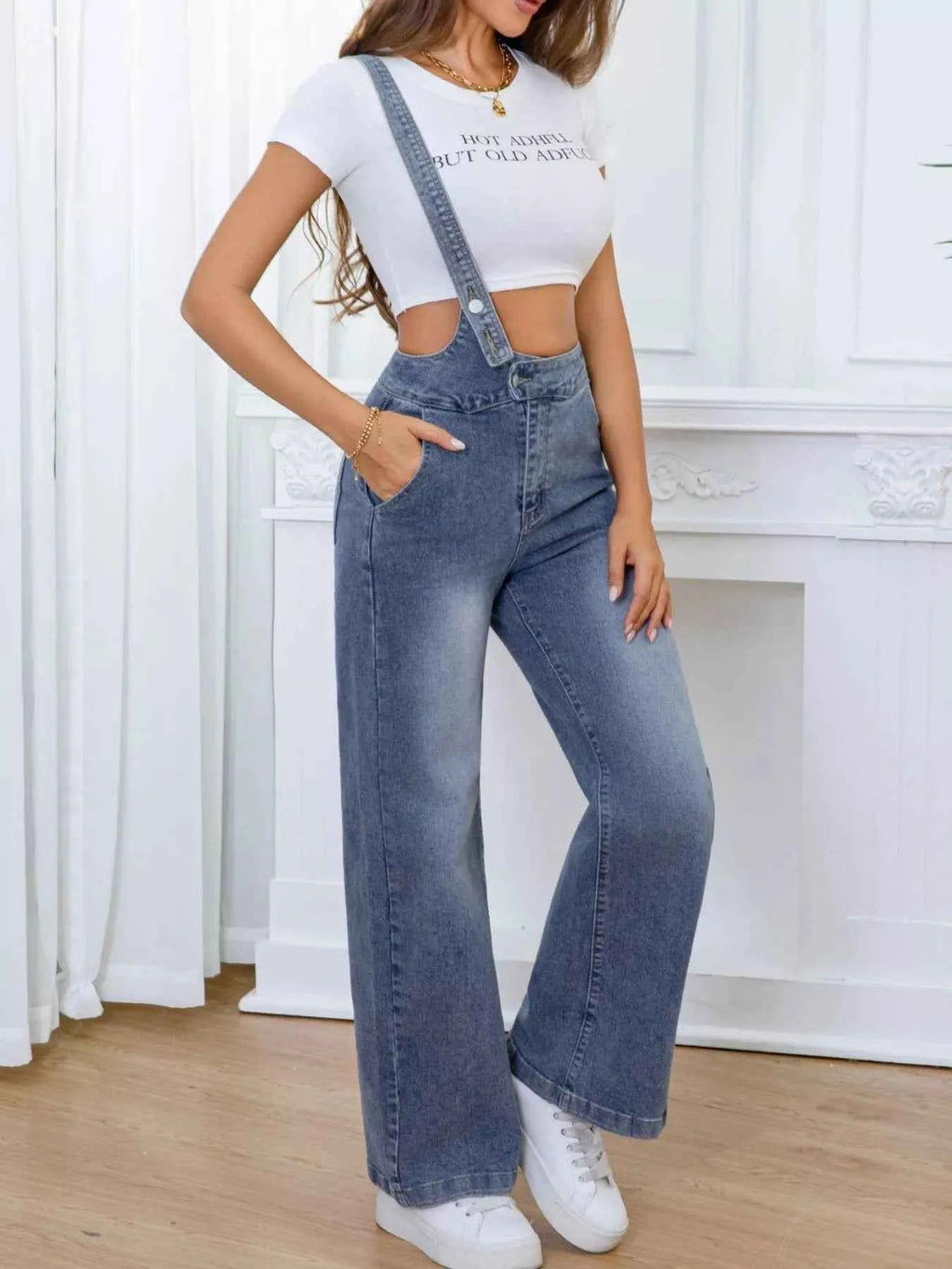 Adjustable wide-leg denim overalls — additional view 4