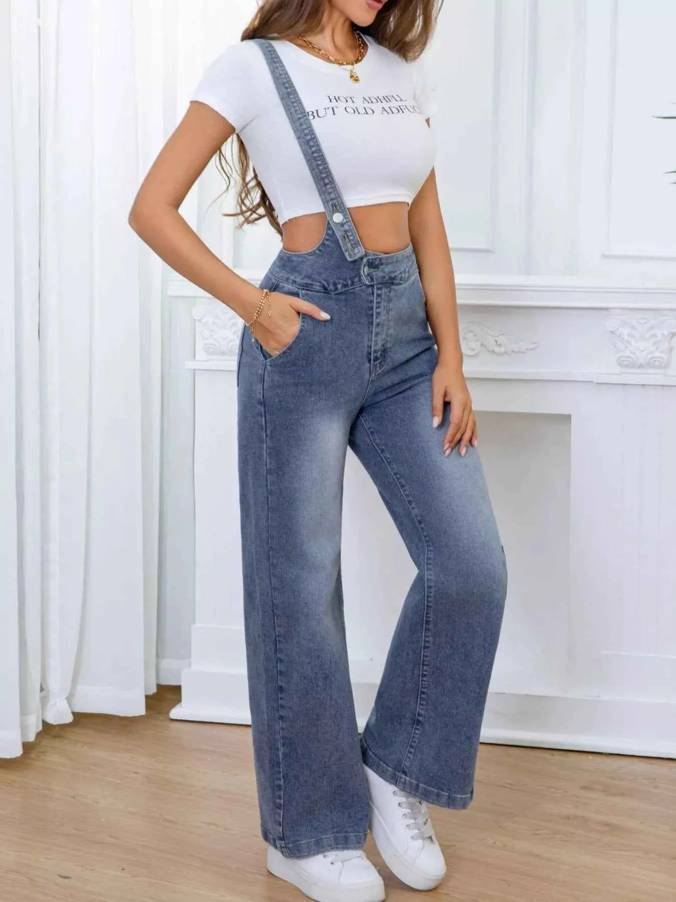 Adjustable wide-leg denim overalls — additional view 4
