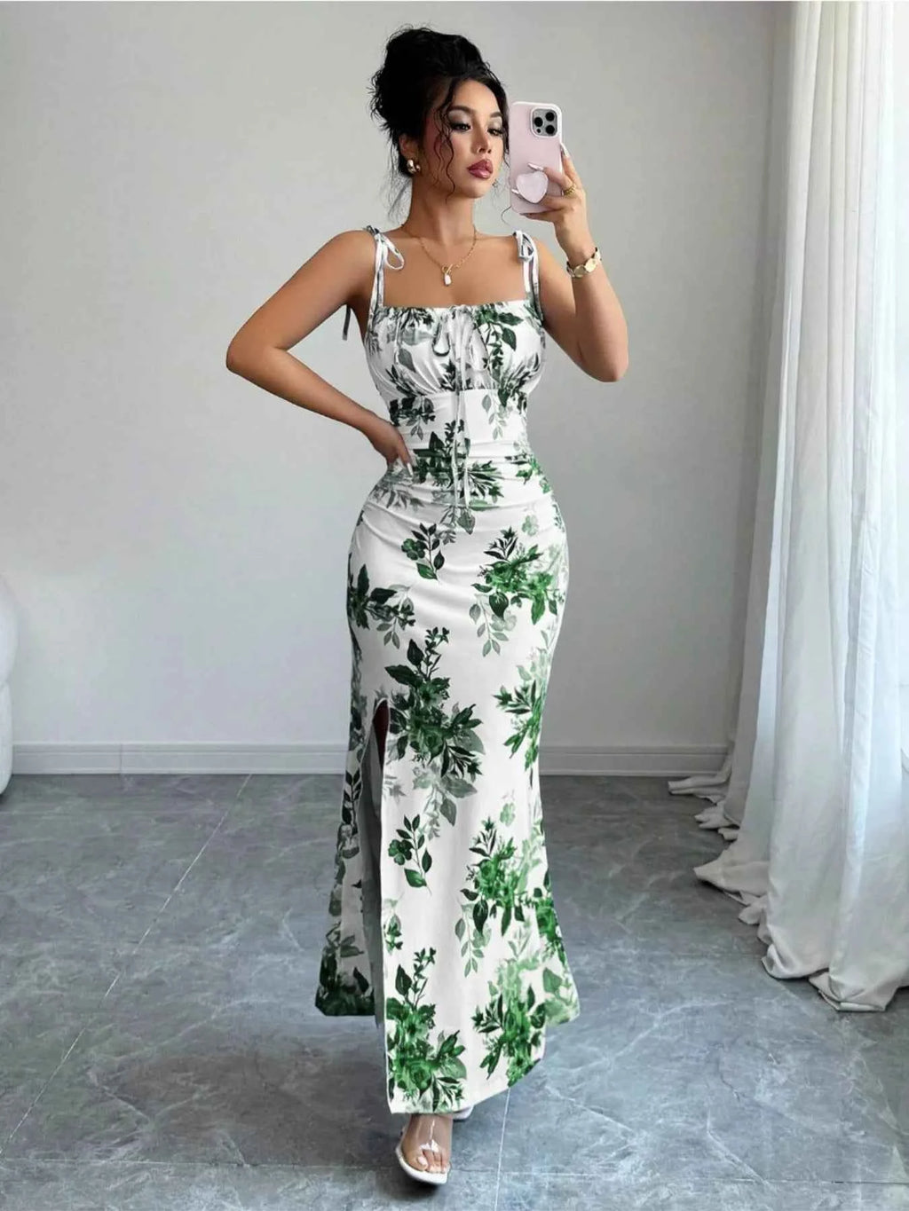 Printed Tie Strap Slit Maxi Dress-Maxi Dress.-Splashis-Splashis