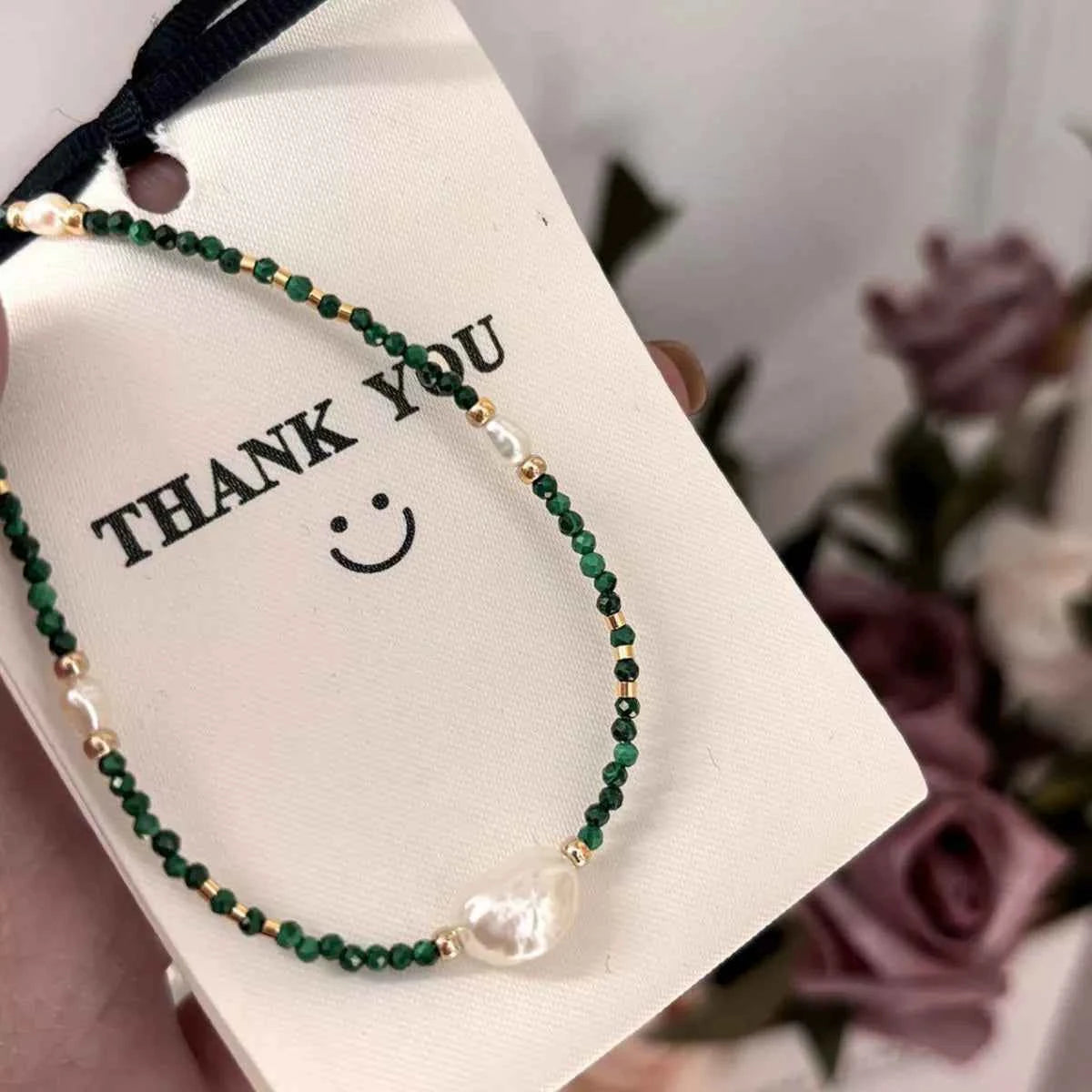 Freshwater pearl and malachite beaded necklace — additional view 7