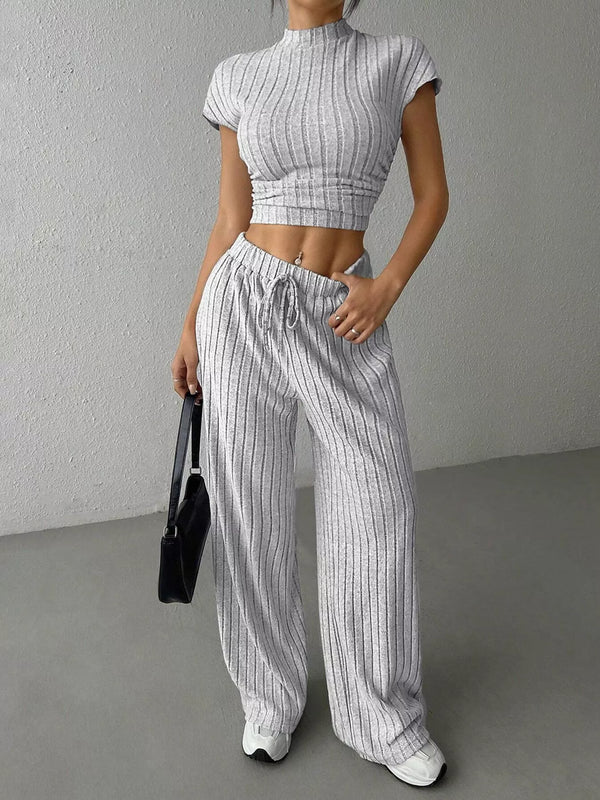 Ribbed Knit Top and Wide Leg Pants Set view 2