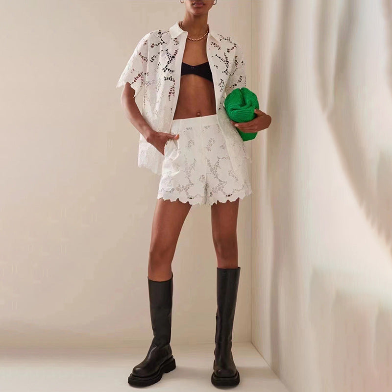 Women’s Lapel Top & Shorts Set, angled product view