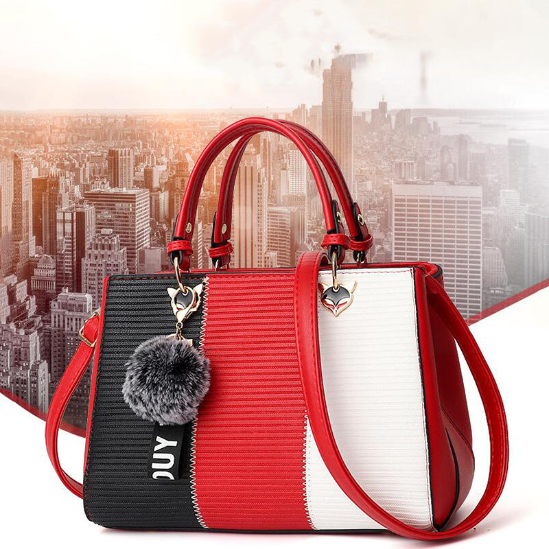Patchwork Pompom Tote Bag - PU Leather Party Purse for Women, close-up product view