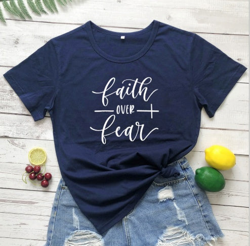 Faith Over Fear Christian T-Shirt for Women, close-up product view