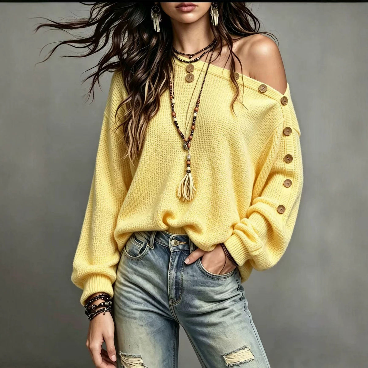 Off-Shoulder Button-Sleeve Pullover Sweater additional product view