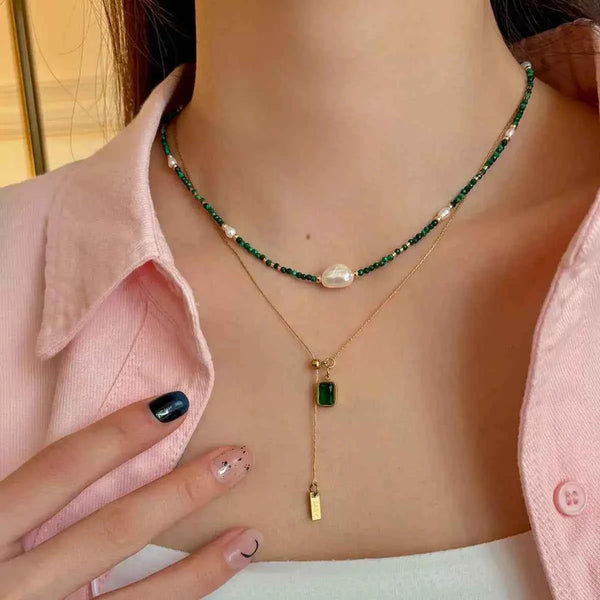 Freshwater pearl and malachite beaded necklace — additional view 4
