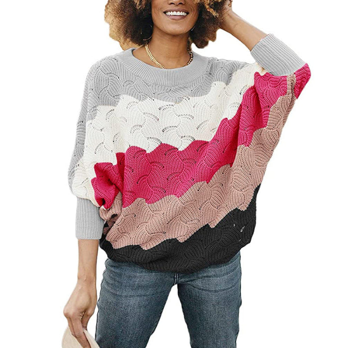 Rose Red color block batwing knit sweater for women