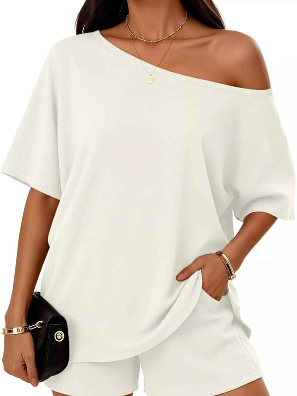 Full Size Boat Neck Tee and Shorts-Two-Piece Set-Splashis-Color:White-Size:3XL-Splashis