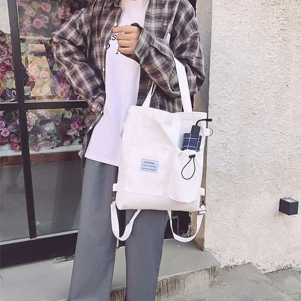 Canvas Backpack Tote Bag for Women – Preppy Student Shoulder Bag, side product view