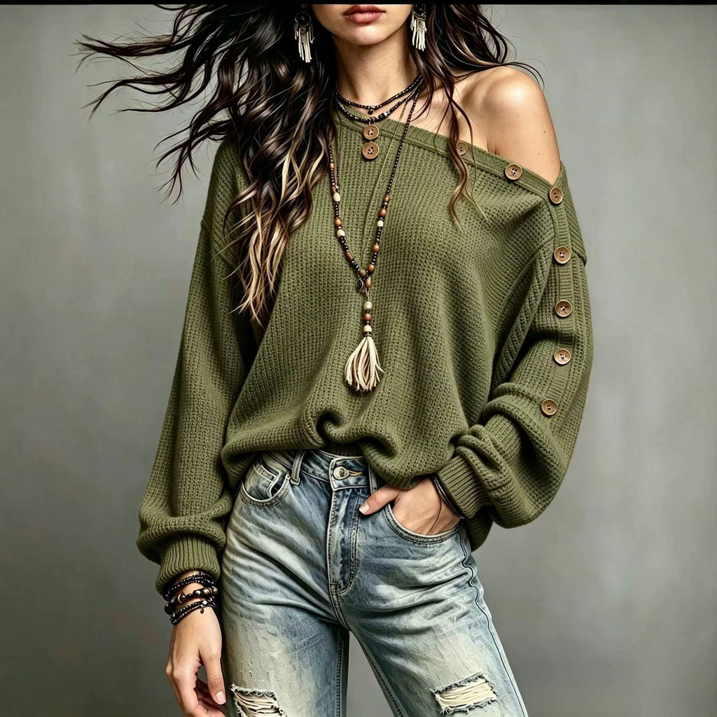 Off-Shoulder Button-Sleeve Pullover Sweater – view 4