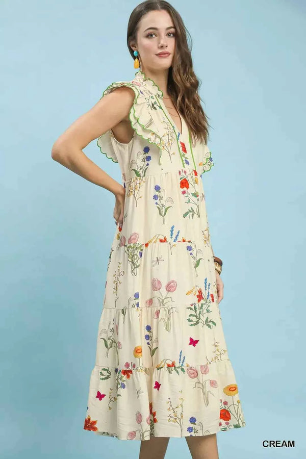 Floral ruffle tiered midi dress with scalloped detail — additional view 2
