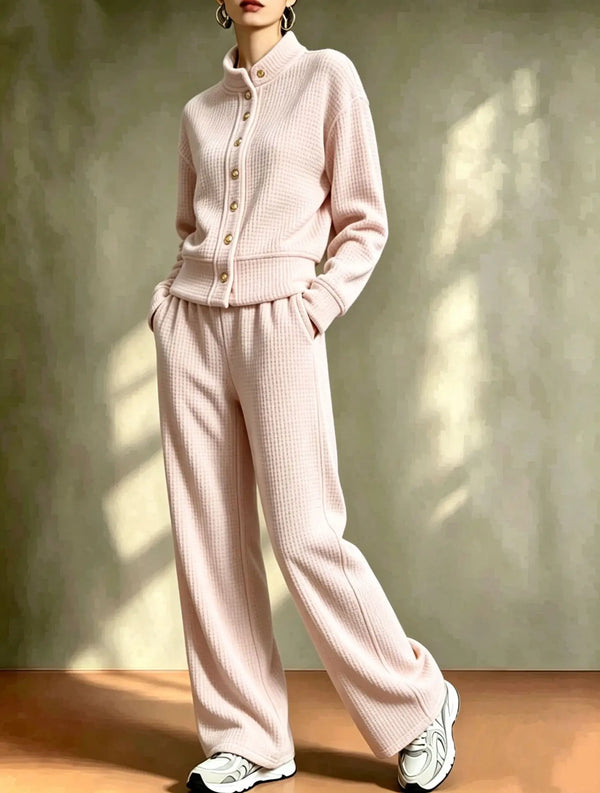 Pink women's waffle knit cardigan and pants set