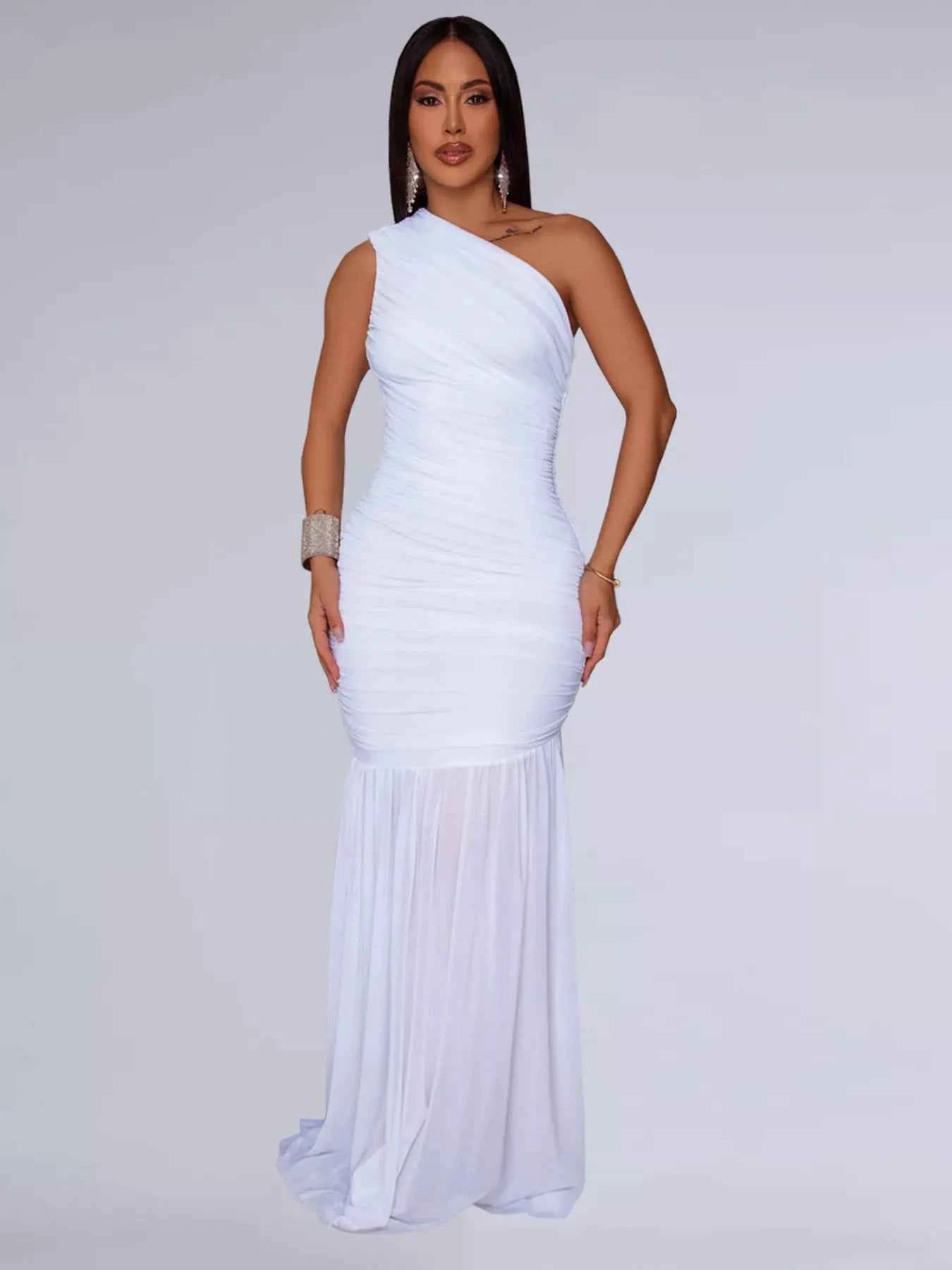 One-Shoulder Ruched Bodycon Maxi Dress-Maxi Dress.-Splashis-Color:White-Size:2XL-Splashis