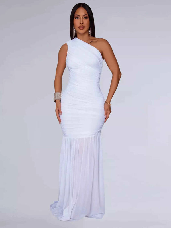 One-Shoulder Ruched Bodycon Maxi Dress-Maxi Dress.-Splashis-Color:White-Size:2XL-Splashis