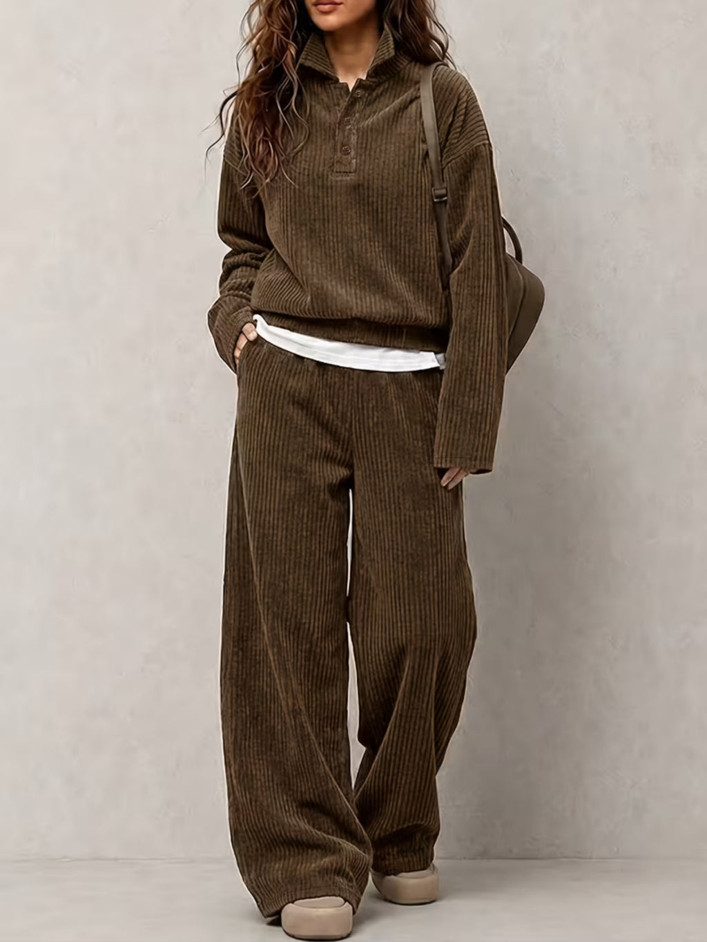 Corduroy top and wide-leg pants set for women, image 5