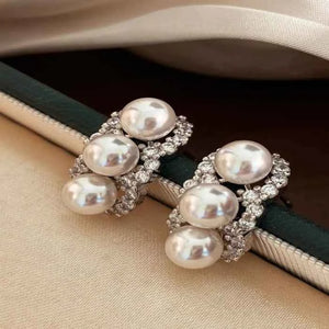 Silver zircon triple pearl drop earrings