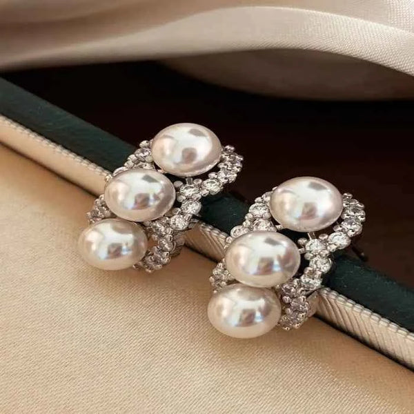 Zircon triple pearl drop earrings in silver-plated alloy — additional view 2