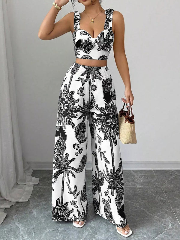 Floral Print Crop Top and Wide Leg Pants Set view 14