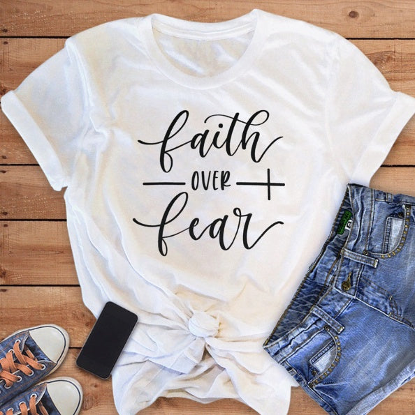 Faith Over Fear Christian T-Shirt for Women, shown in a clear product image