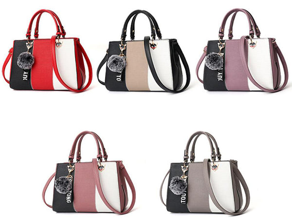 Patchwork Pompom Tote Bag - PU Leather Party Purse for Women, alternate product view