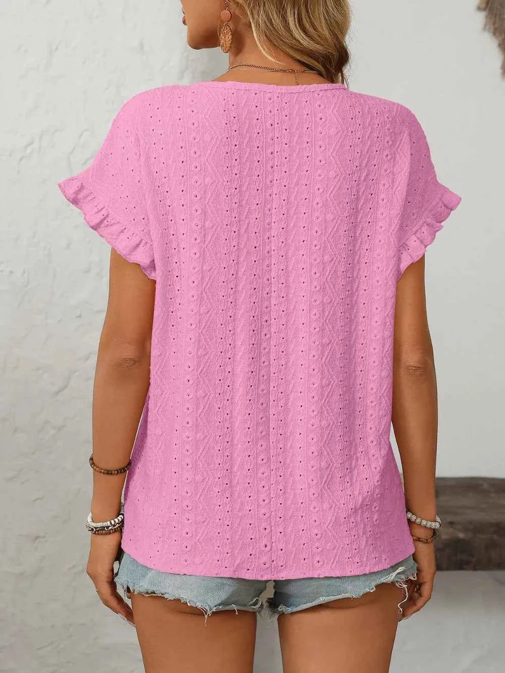 Feminine Eyelet Short Sleeve Top-T-shirt-Splashis-Splashis
