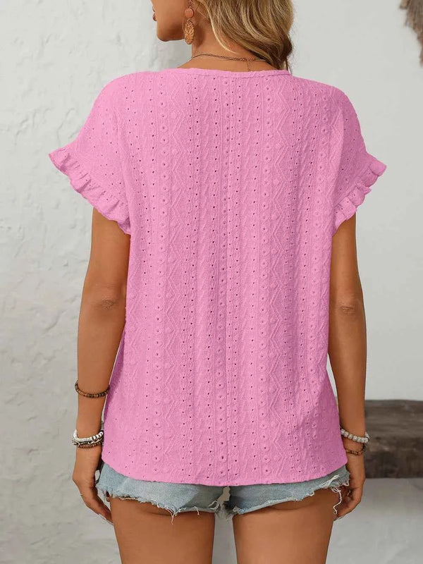 Feminine Eyelet Short Sleeve Top-T-shirt-Splashis-Splashis