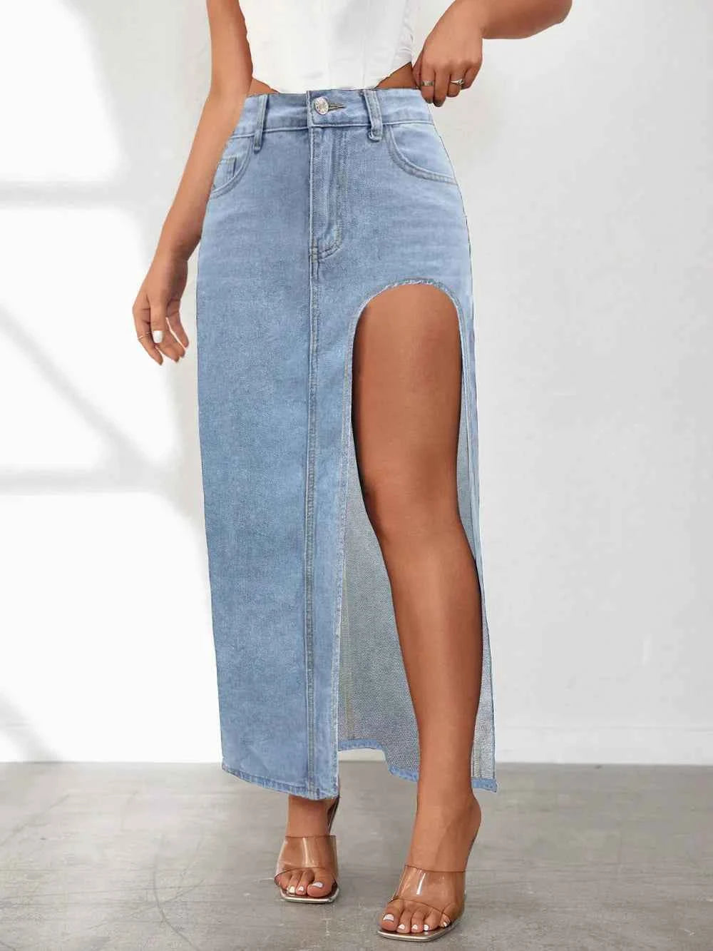 High-rise denim skirt with side slit — additional view 4